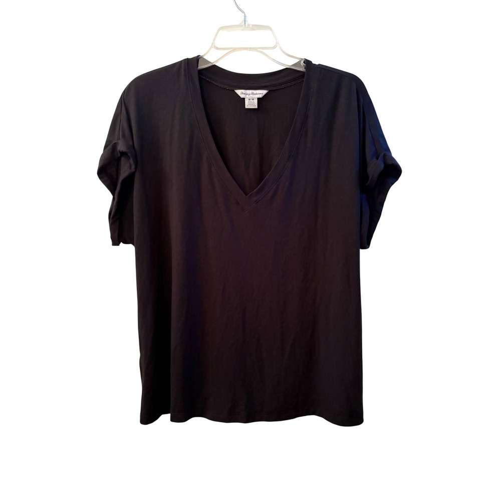 Tommy Bahama Womens Black V-Neck Cuffed Short Sleeve T-Shirt Size M Modal Blend